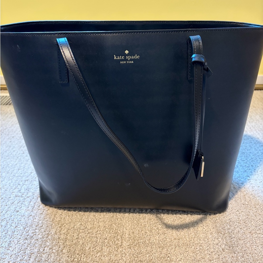 kate spade Black Leather Tote with Gold Logo Accent